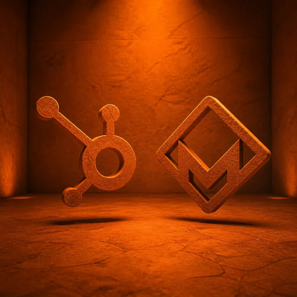 3D-Logos von HubSpot und Magicline in einem orangen Raum