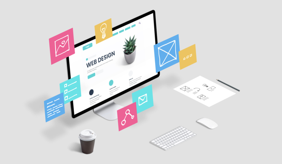 Creative web design studio with flying web page layout elements concept